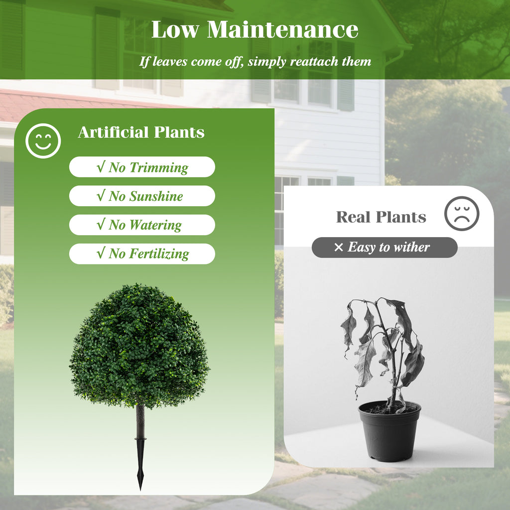 28-Inch Artificial Boxwood Topiary Ball Tree Set of 2 with Ground Spike - Green