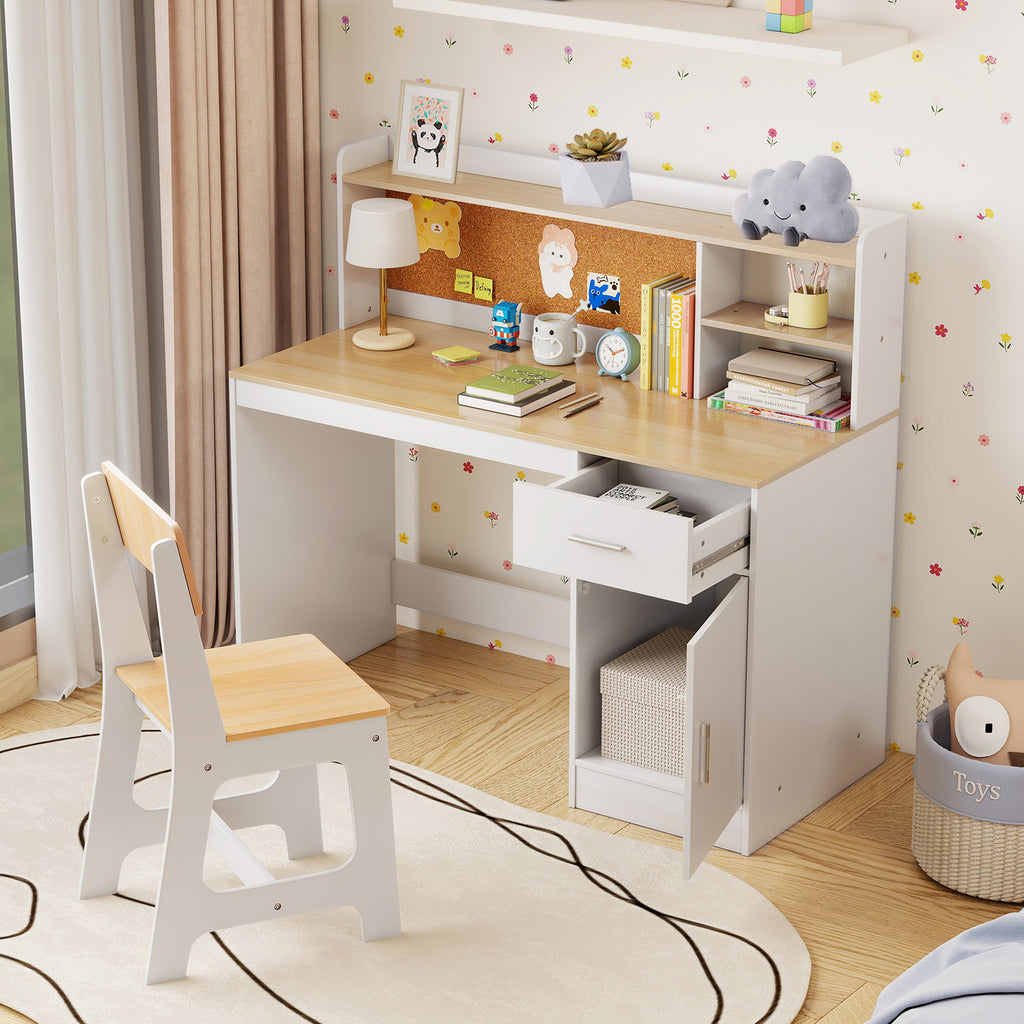 Activity Kids Table and Chair Set - Natural Kids Study Desk & Chair with Shelves & Bulletin Board