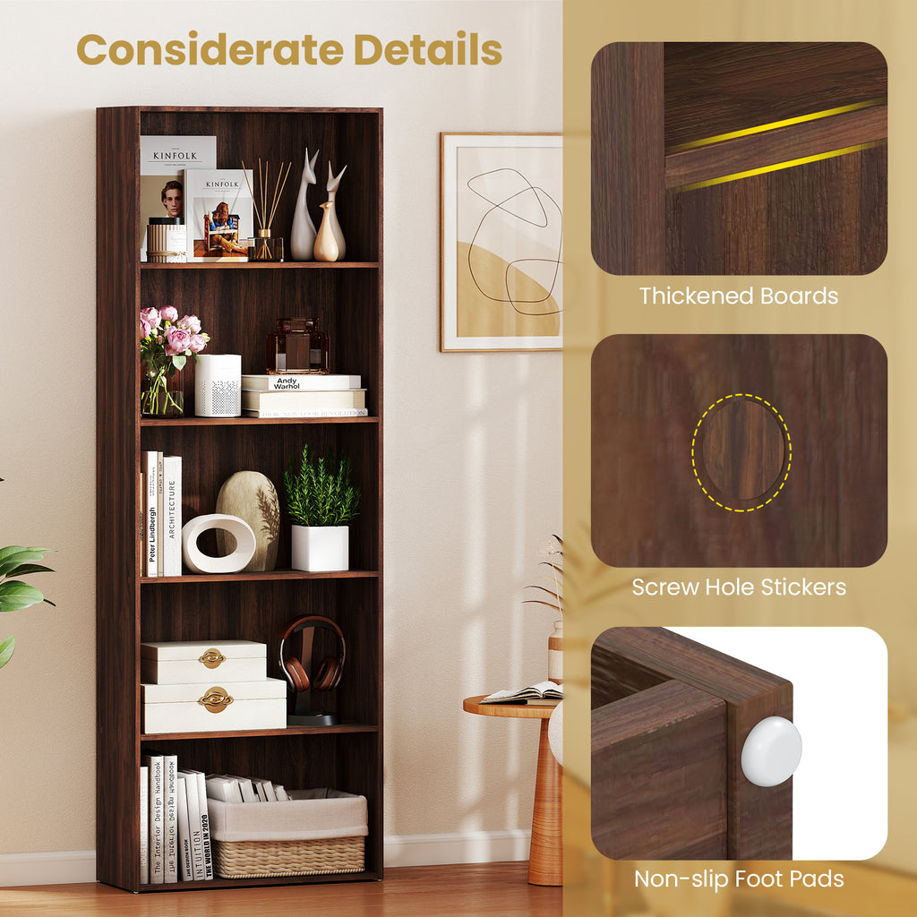 5-Shelf Walnut Wood Bookcase for Home Office