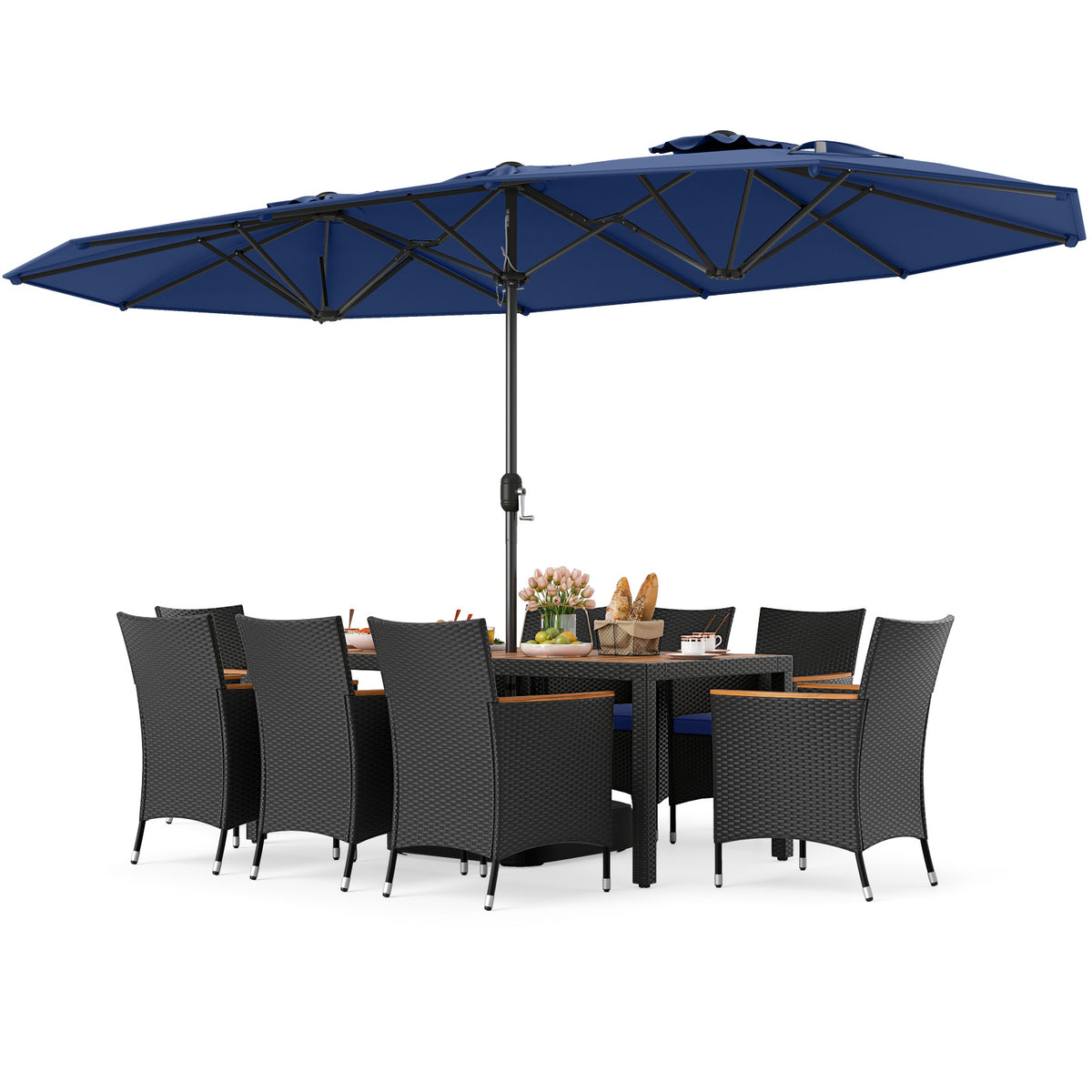 10-Piece Patio Dining Set with 15ft Double Umbrella - Navy