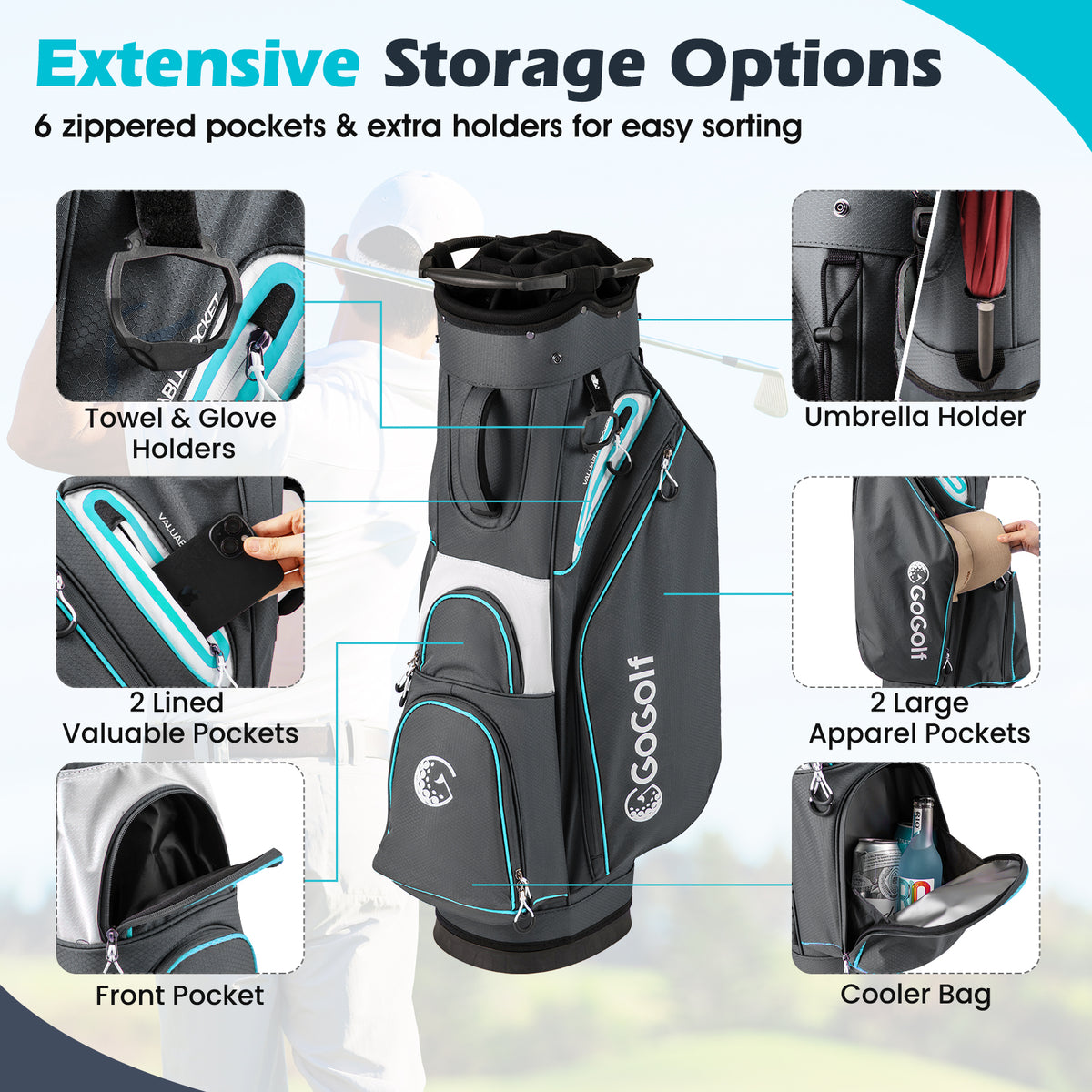 Lightweight Portable Golf Cart Bag with 14 Dividers & Multiple Pockets - Gray