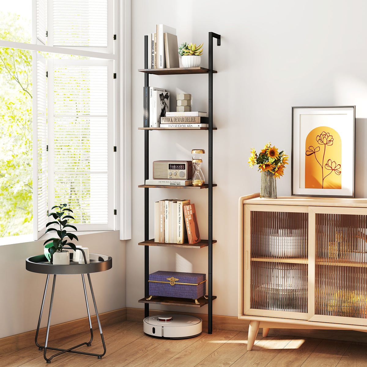 5-Tier Wall Mount Ladder Shelf - Rustic Brown