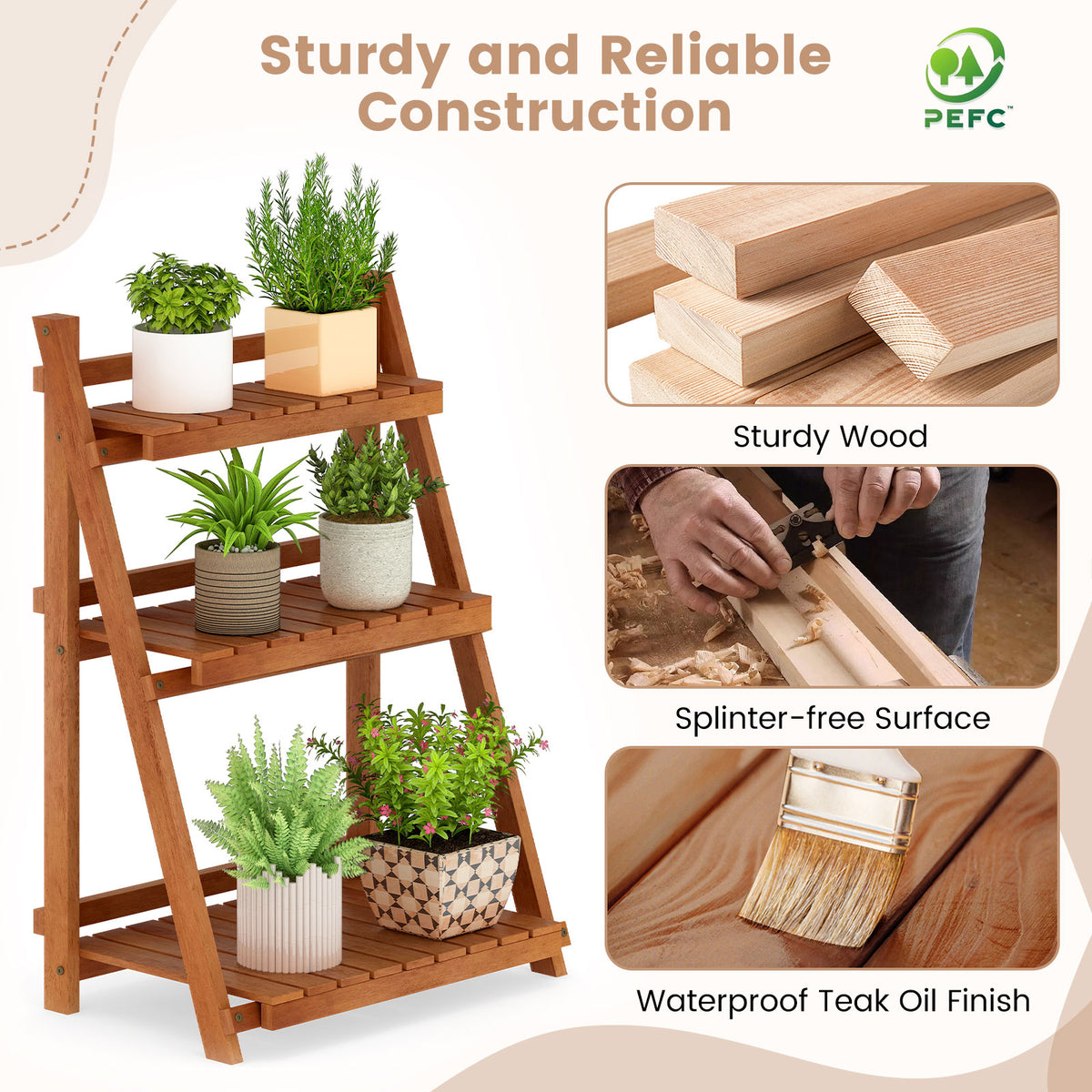 Foldable 3-Tier Solid Wood Plant Stand for Patio Balcony