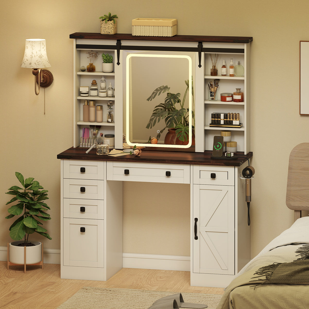 Farmhouse Vanity Desk with Sliding Mirror & 3 Lighting Modes, White