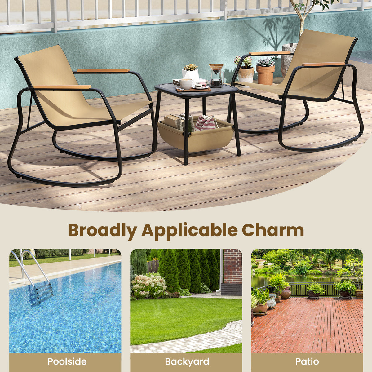 3 Piece Rocking Bistro Chairs and Side Table Set with Storage Bag