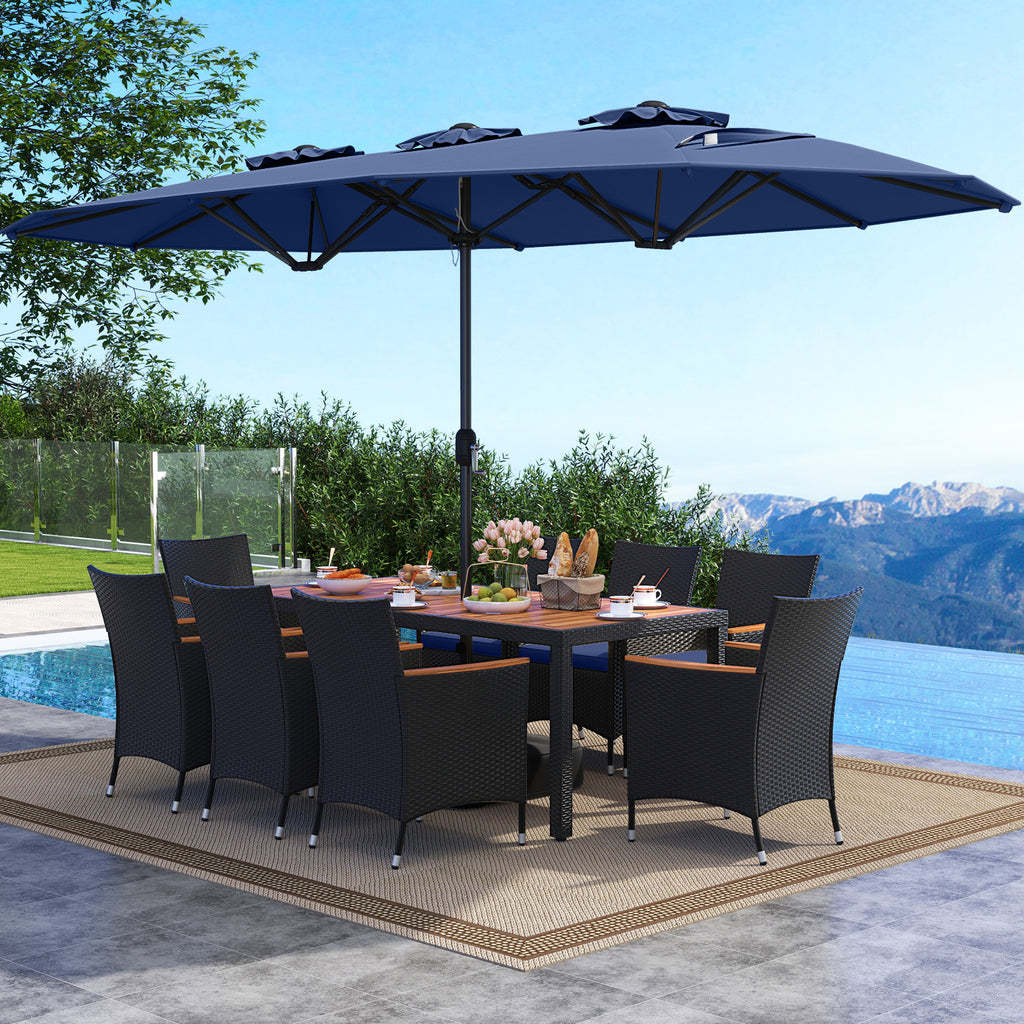 10-Piece Patio Dining Set with 15ft Double Umbrella - Navy