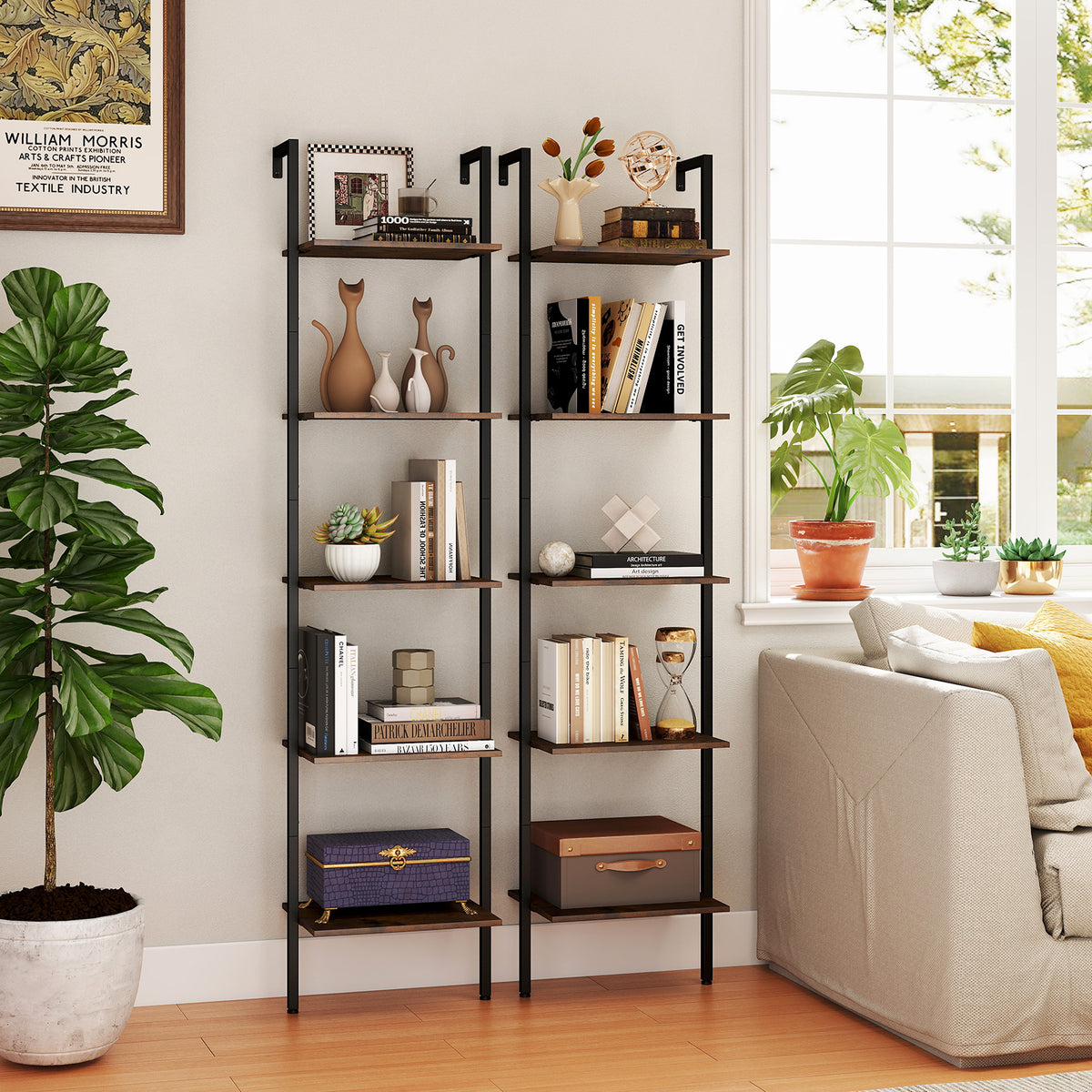 5-Tier Wall Mount Ladder Shelf - Rustic Brown