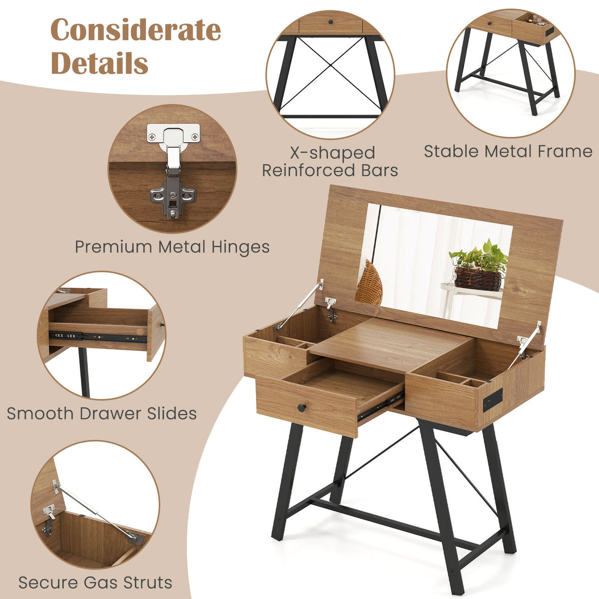 Vanity Desk with Flip Top Mirror - Rustic Brown