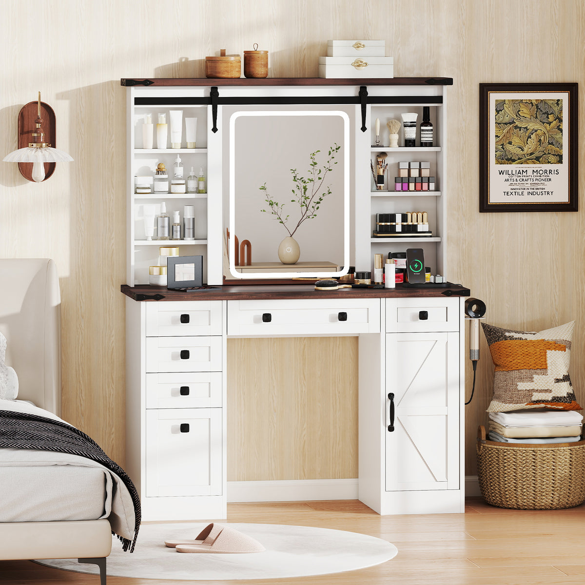 Farmhouse Vanity Desk with Sliding Mirror & 3 Lighting Modes, White