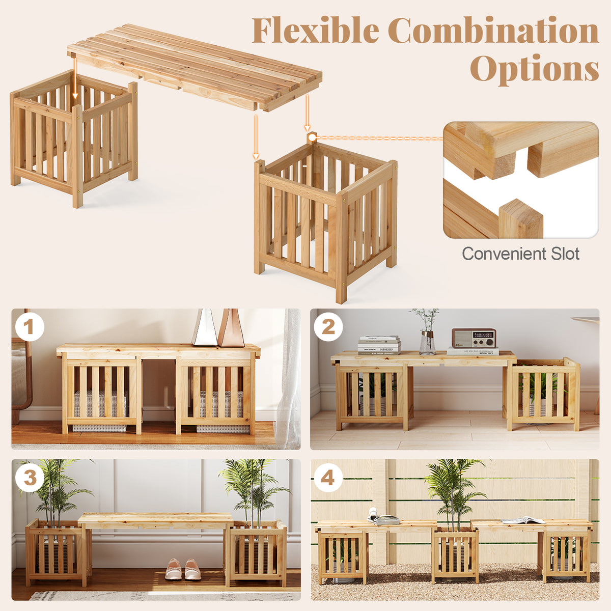 2-Person Wooden Patio Bench with Planter Boxes - Natural