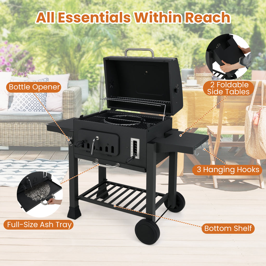 24-Inch Barrel Charcoal Grill with 2 Folding Side Tables and 544