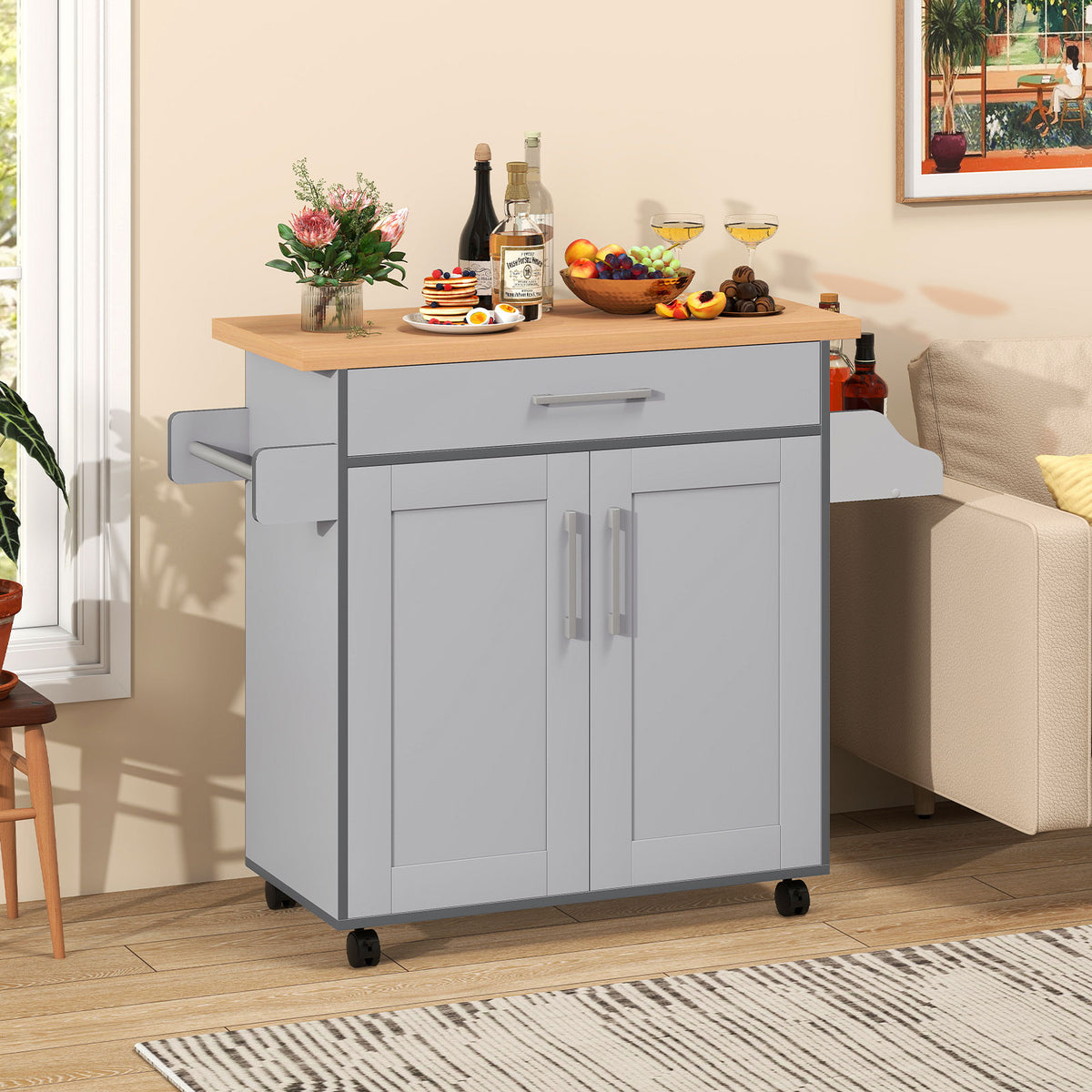 Rolling Kitchen Island Cart with Towel Rack - Gray