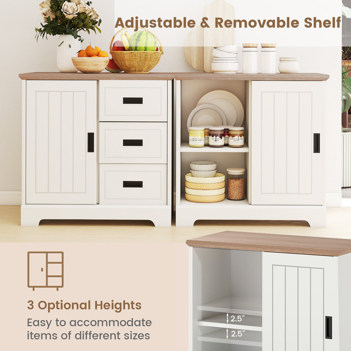 Farmhouse Sideboard Buffet Cabinet with Sliding Doors - White
