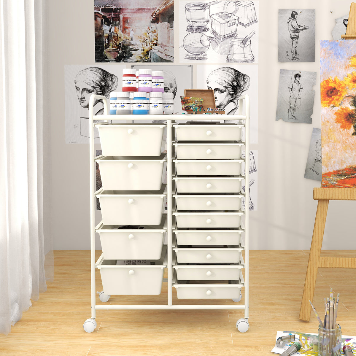 15-Drawer Utility Rolling Cart, White