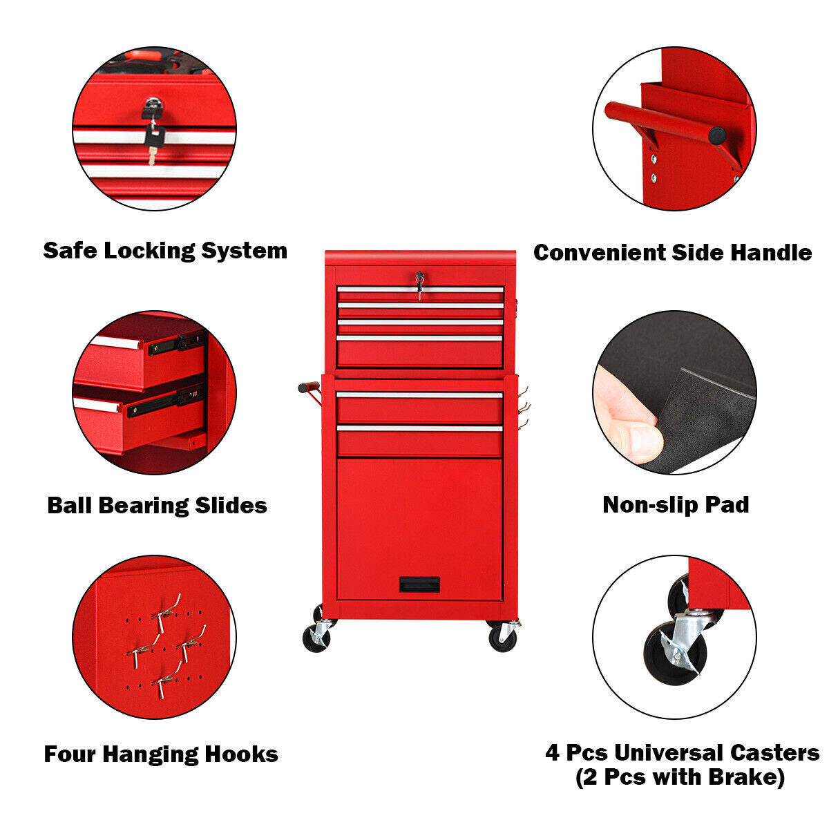 6-Drawer Rolling Tool Cabinet with Lockable Storage, Red