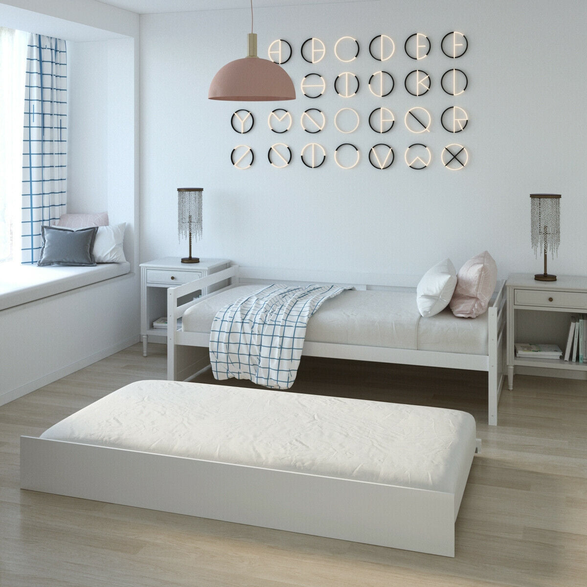 Twin Size Trundle Bed Frame with Wood Slat Support - White