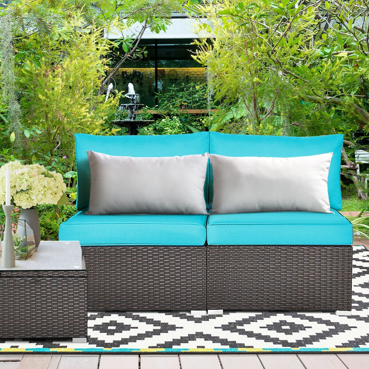 2 Pieces Patio Rattan Armless Sofa Set with Cushions and Pillows