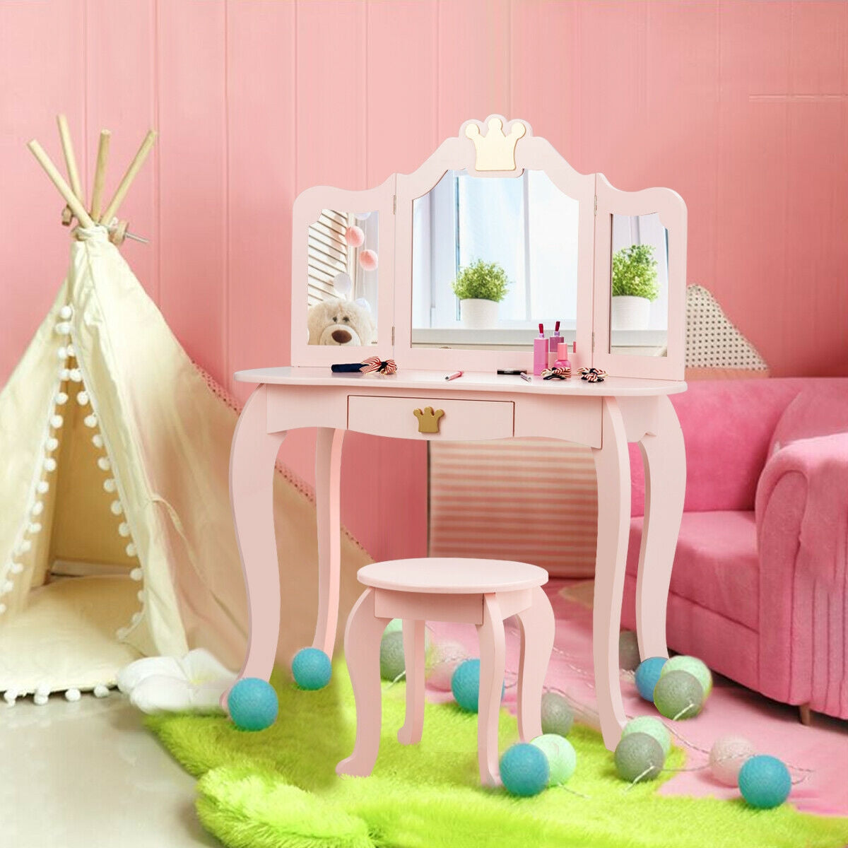 Kids Makeup Dressing Table with Tri-Fold Mirror & Stool - Pink - Costway