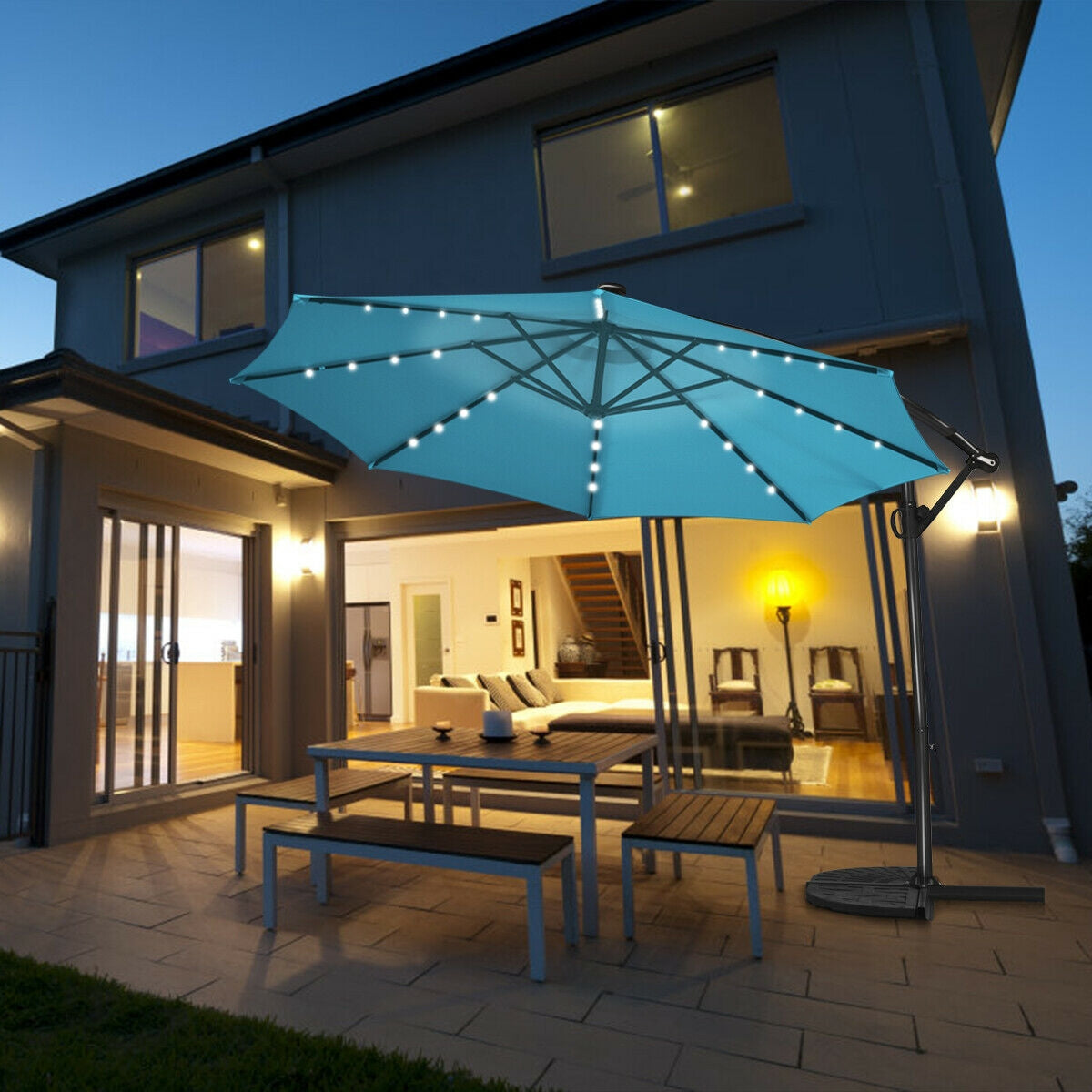 10 x 8 Feet Solar LED Patio Umbrella with 360° Rotation, Turquoise