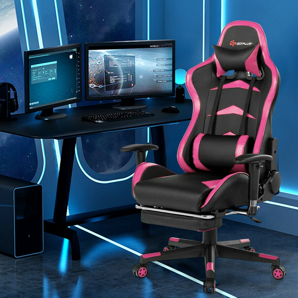 Massage Gaming Chair with Footrest - Pink