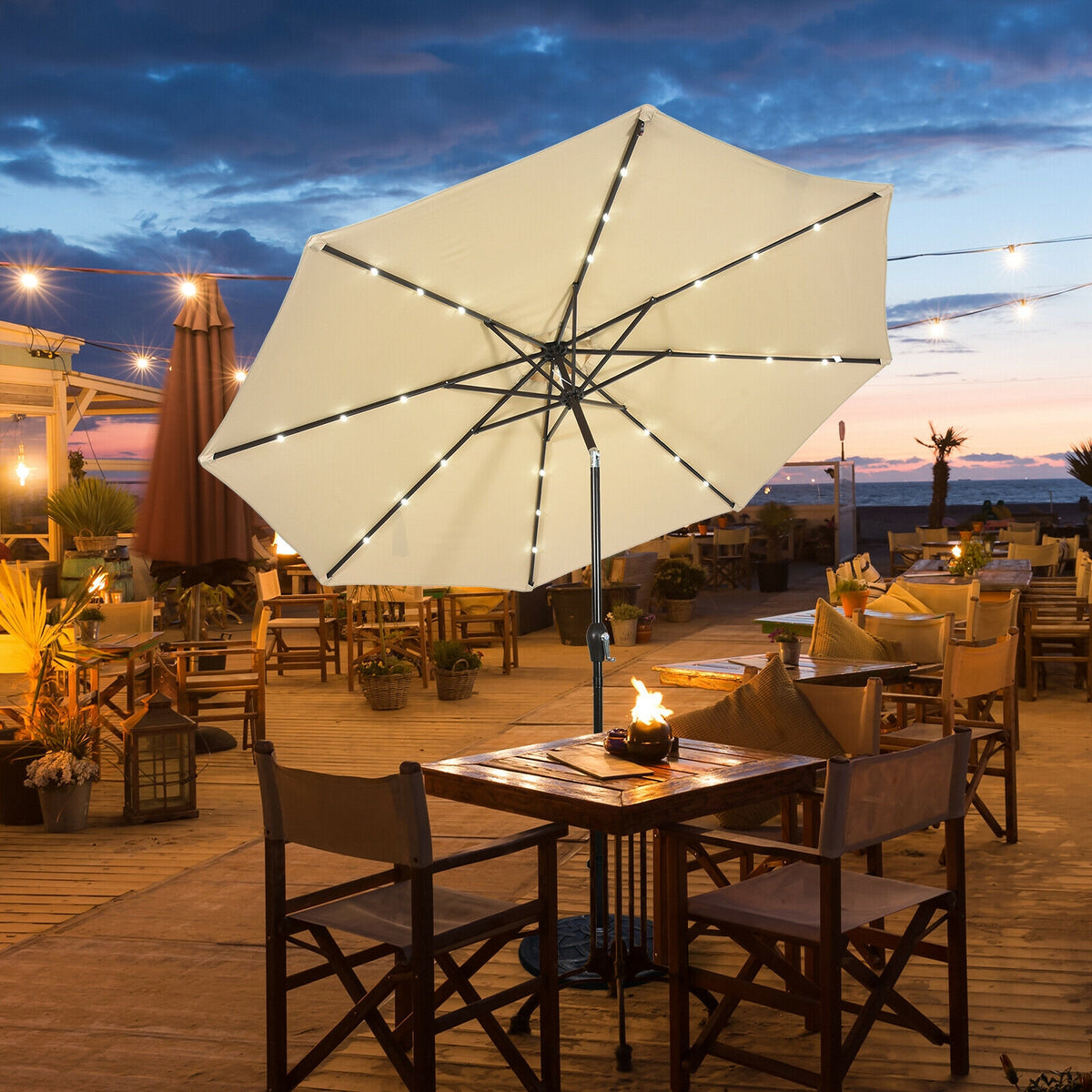10 Ft Solar Patio Umbrella with 24 LED Lights - Beige
