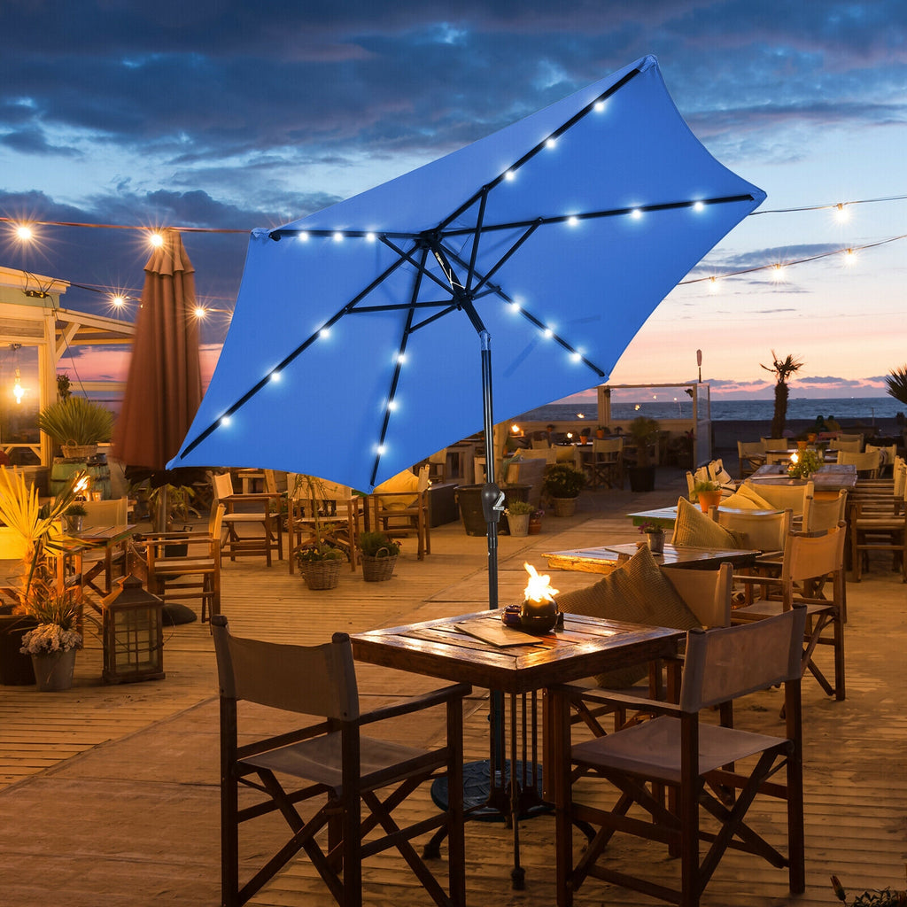 9x8 Solar LED Market Umbrella with Tilt - 18 Lights, Blue