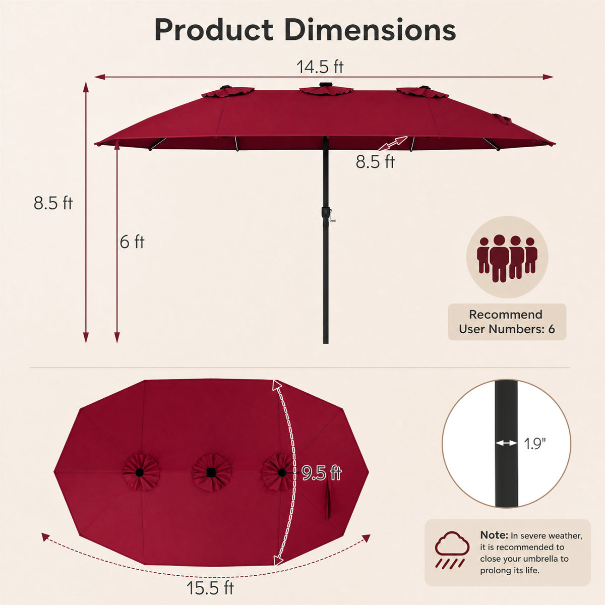 15.5FT Extra-Large Patio Umbrella 12 Reinforced Metal Ribs