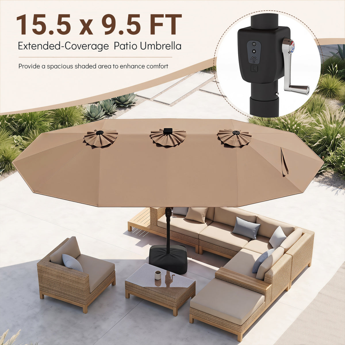 15.5FT Extra-Large Patio Umbrella with Base 12 Reinforced Ribs