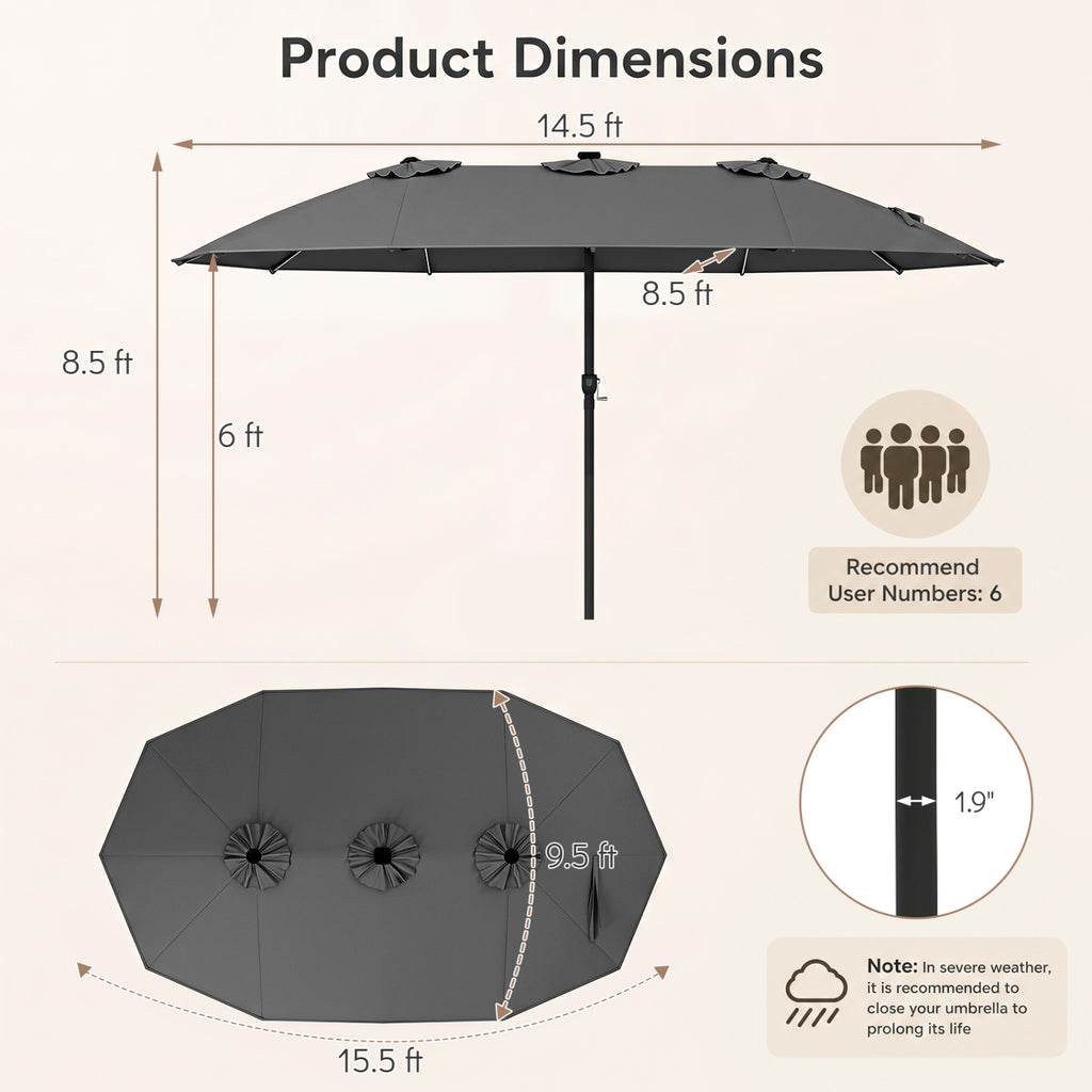 15.5FT Extra-Large Patio Umbrella 12 Reinforced Metal Ribs