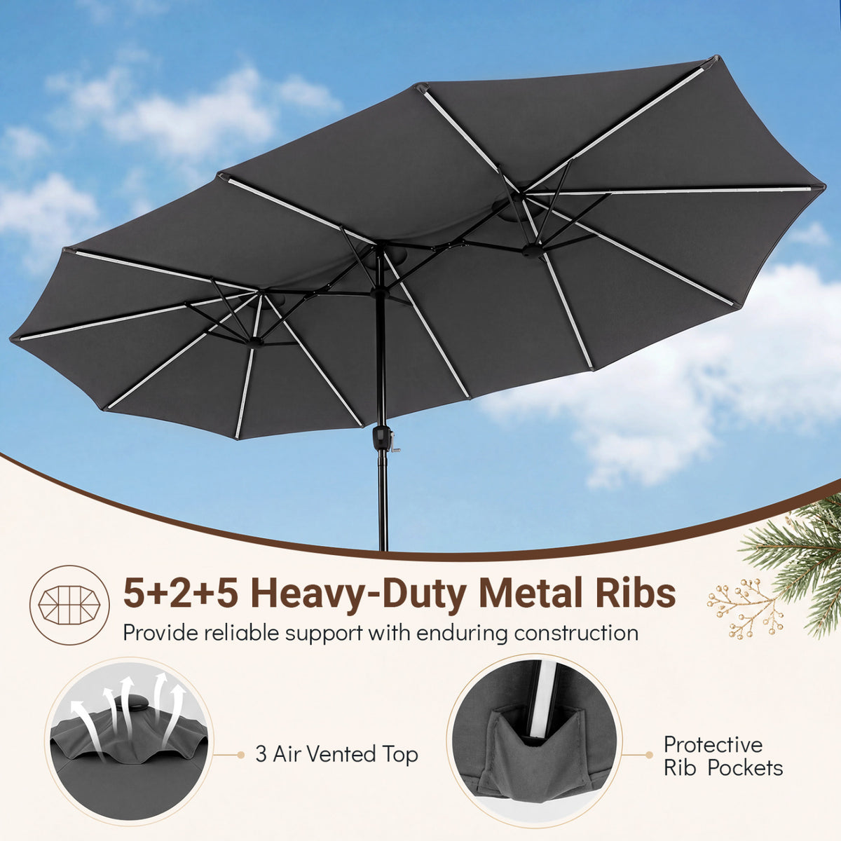 15.5FT Extra-Large Patio Umbrella 12 Reinforced Metal Ribs