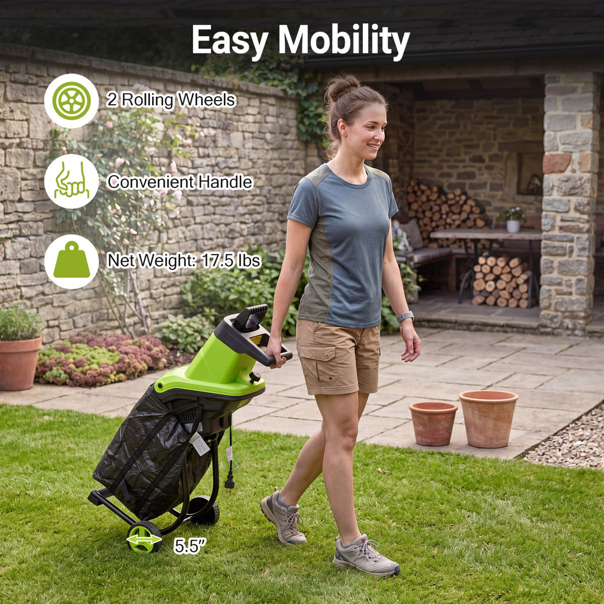 15-Amp Electric Wood Chipper Shredder Mulcher with 1.8 Inch Max