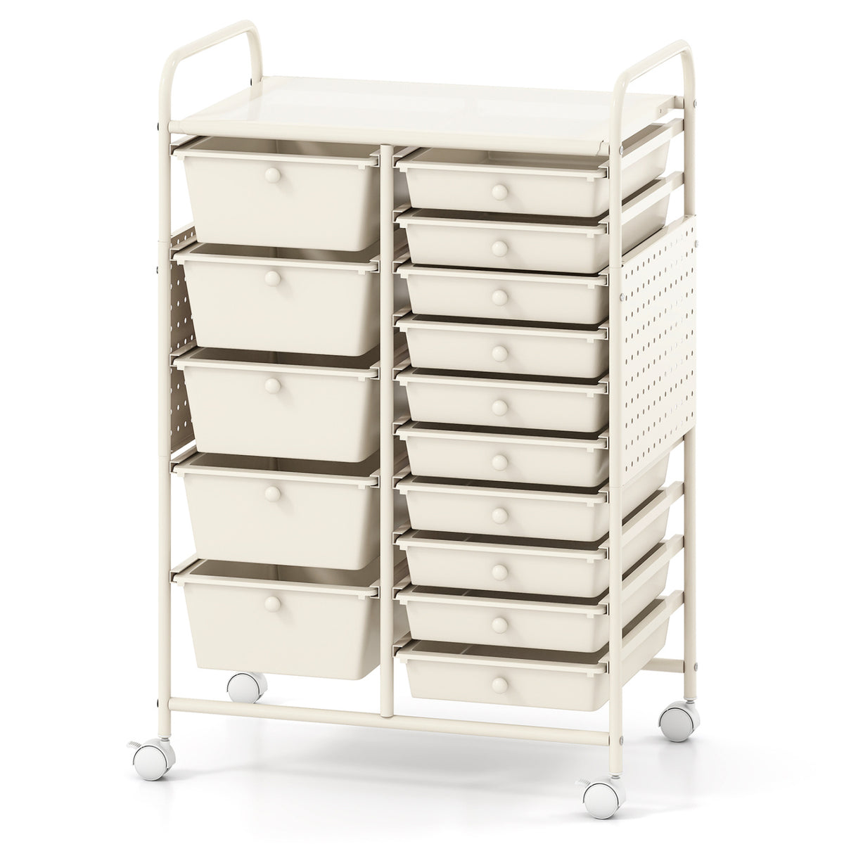15-Drawer Rolling Storage Cart with Metal Tabletop and Pegboard