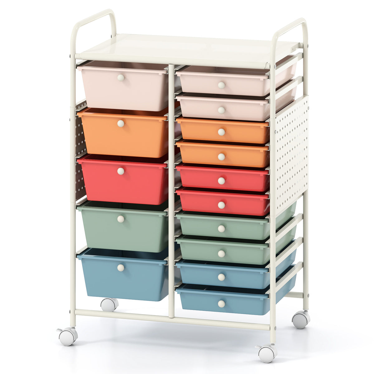 15-Drawer Rolling Storage Cart with Metal Tabletop and Pegboard