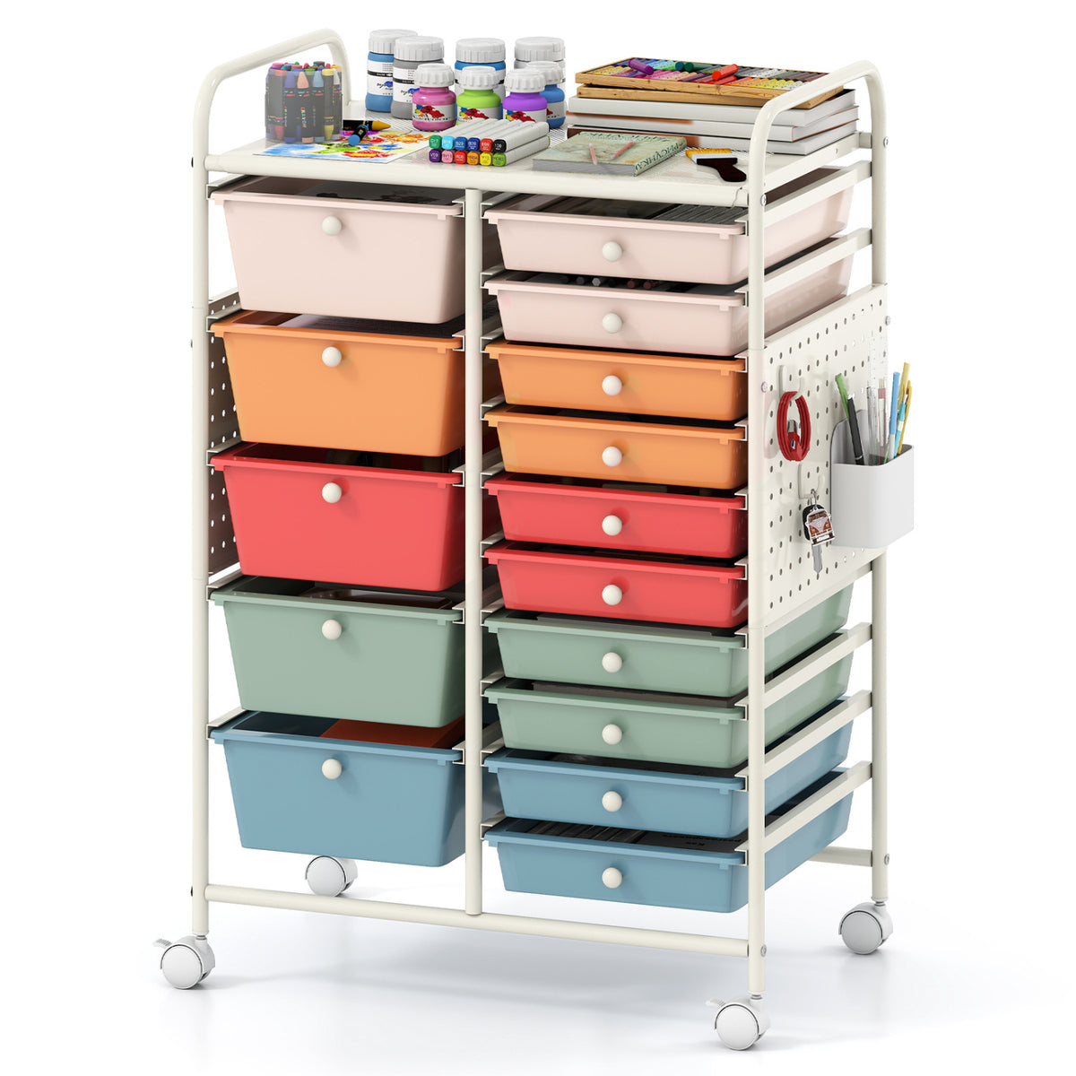 15-Drawer Rolling Storage Cart with Metal Tabletop and Pegboard