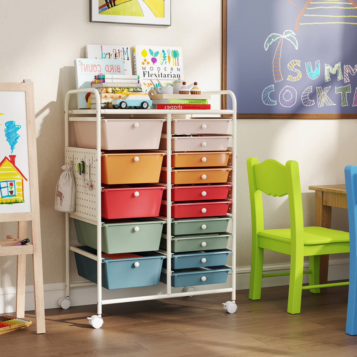 15-Drawer Rolling Storage Cart with Metal Tabletop and Pegboard