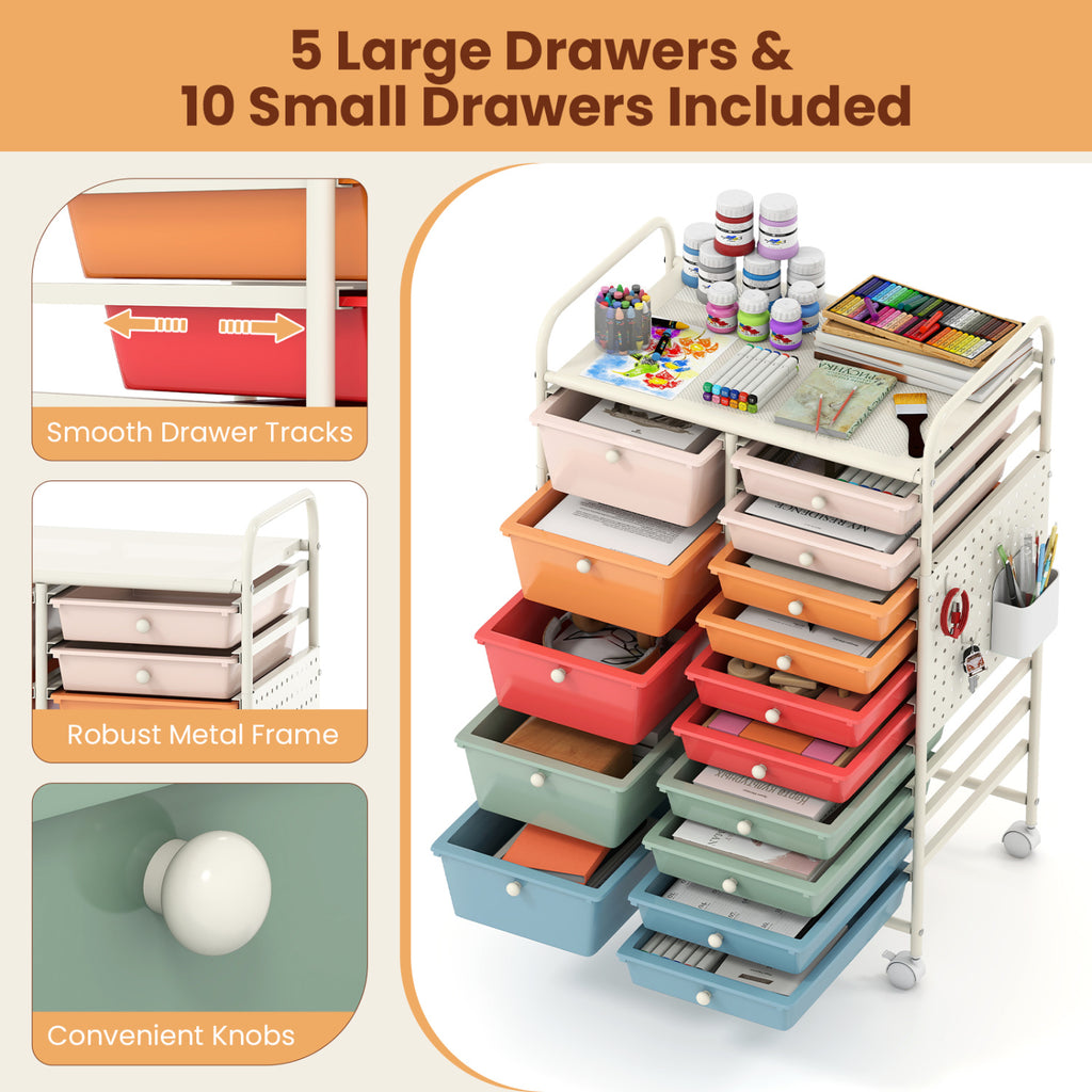 15-Drawer Rolling Storage Cart with Metal Tabletop and Pegboard