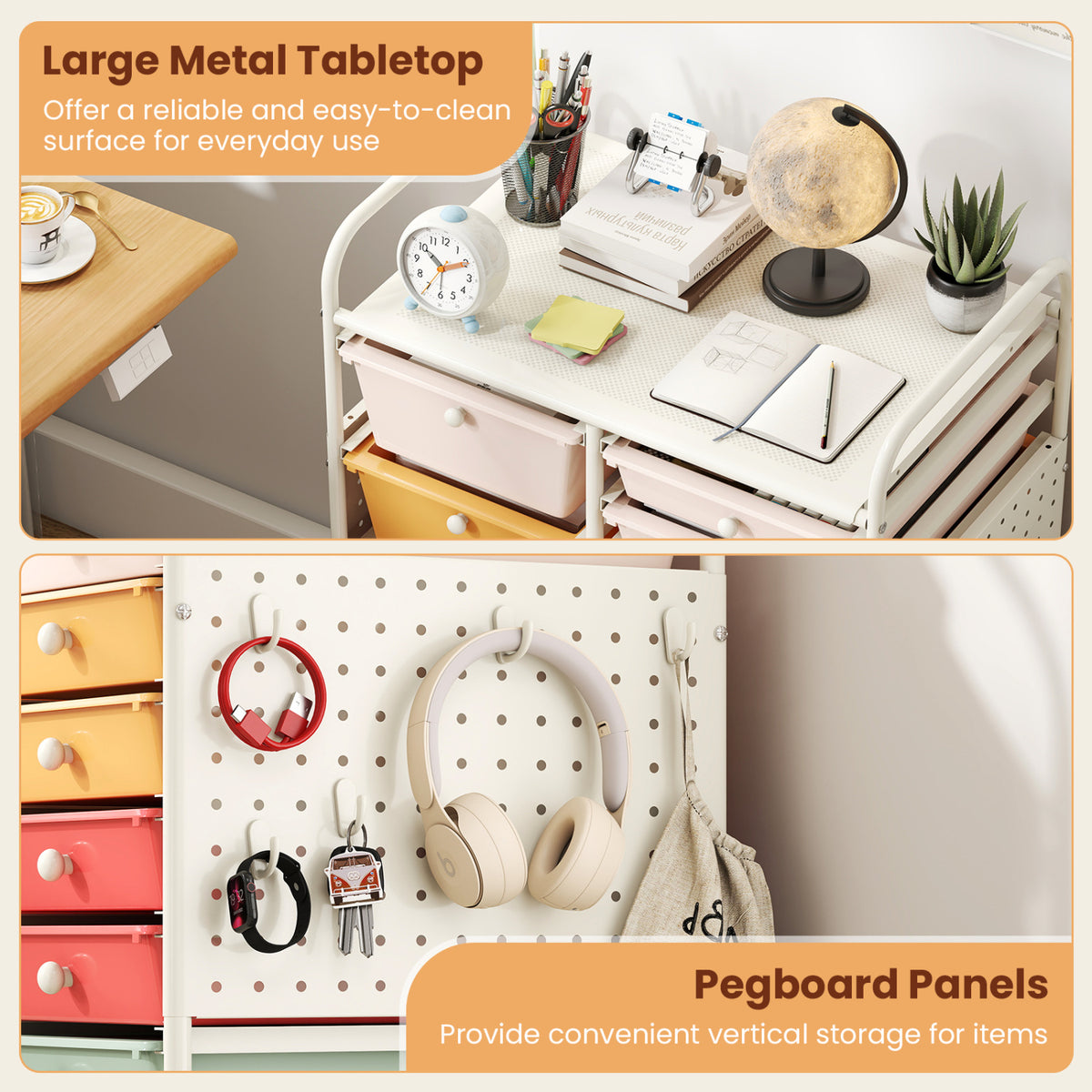 15-Drawer Rolling Storage Cart with Metal Tabletop and Pegboard