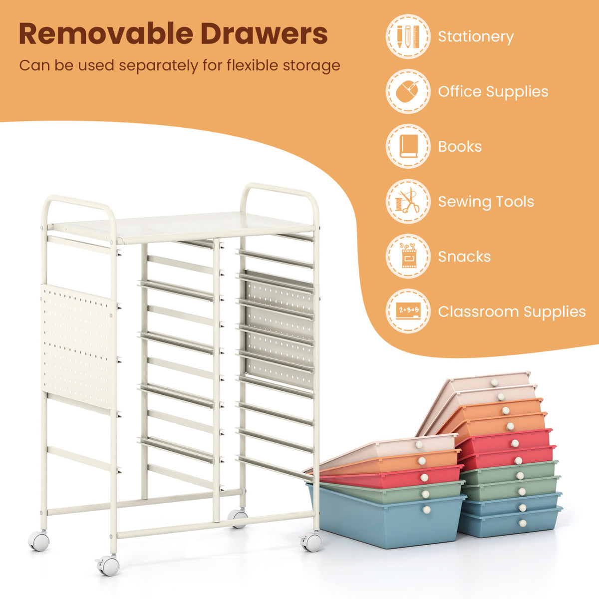 15-Drawer Rolling Storage Cart with Metal Tabletop and Pegboard
