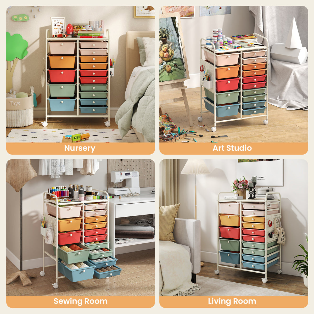 15-Drawer Rolling Storage Cart with Metal Tabletop and Pegboard