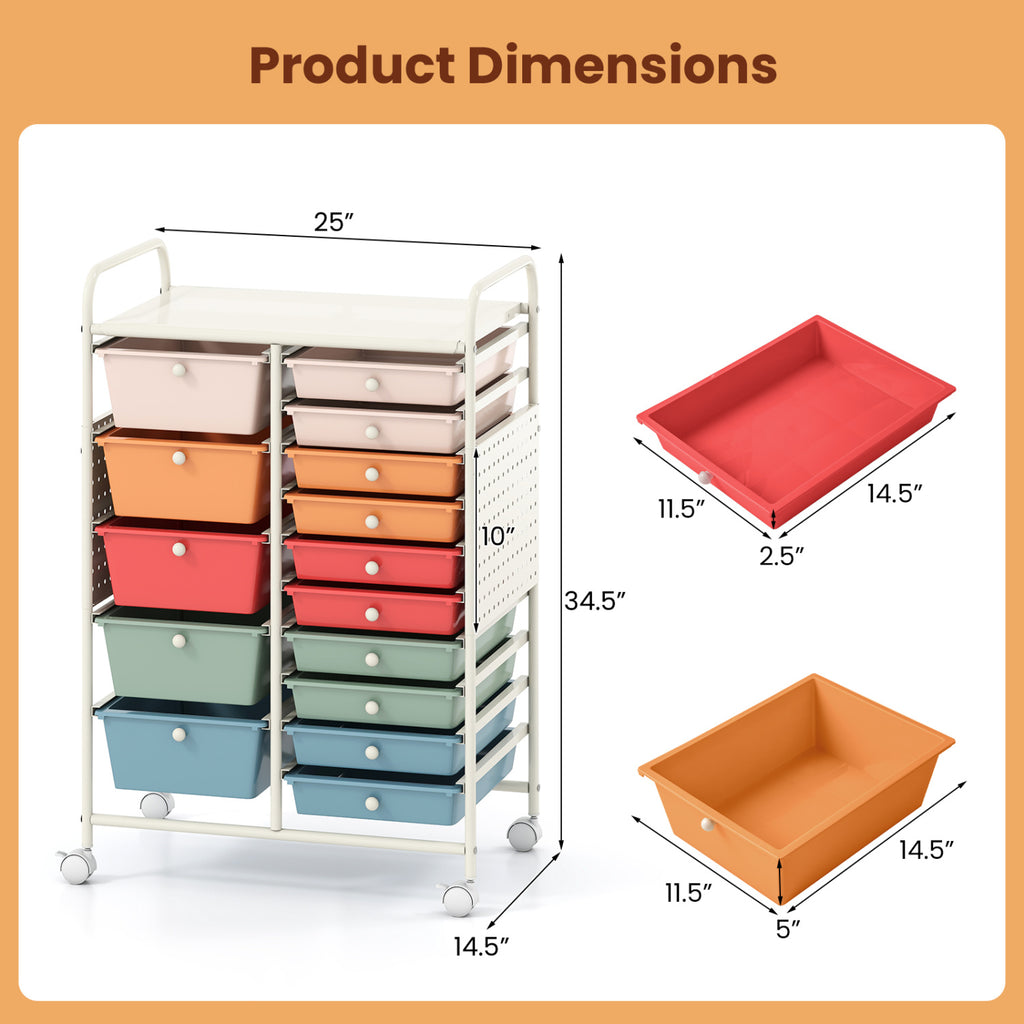 15-Drawer Rolling Storage Cart with Metal Tabletop and Pegboard