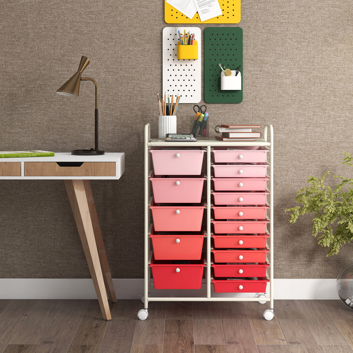 15-Drawer Rolling Cart with Wheels, Gradient Pink