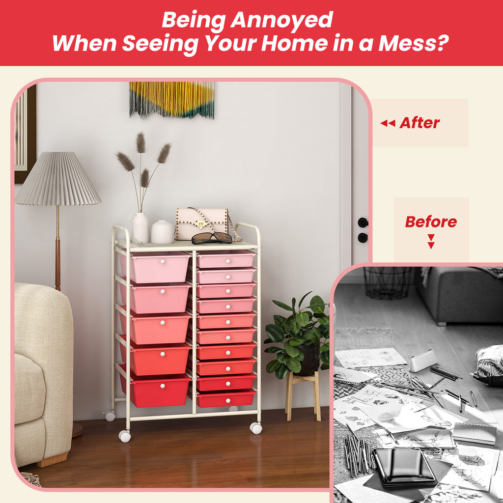 15-Drawer Rolling Cart with Wheels, Gradient Pink
