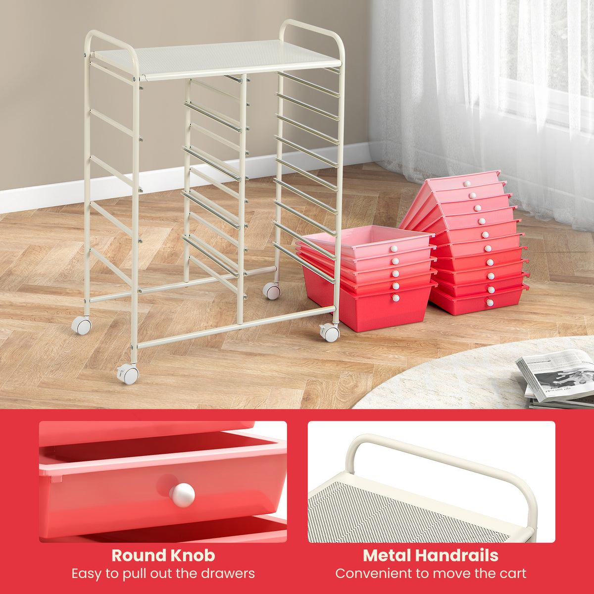 15-Drawer Rolling Cart with Wheels, Gradient Pink