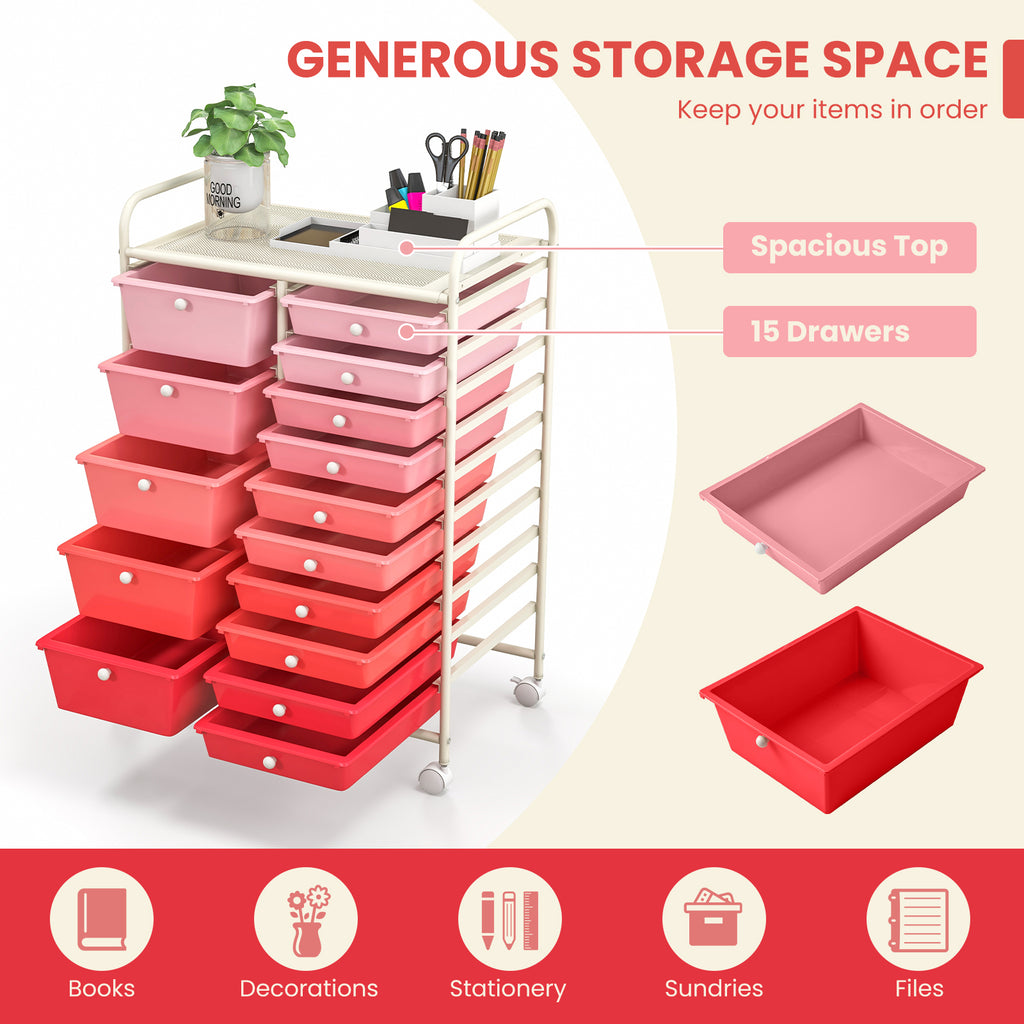 15-Drawer Rolling Cart with Wheels, Gradient Pink