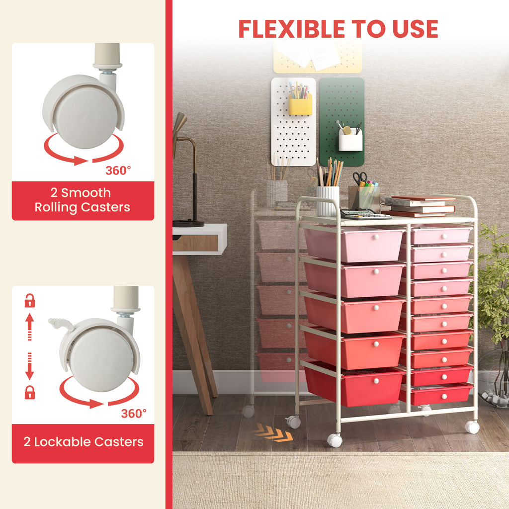 15-Drawer Rolling Cart with Wheels, Gradient Pink