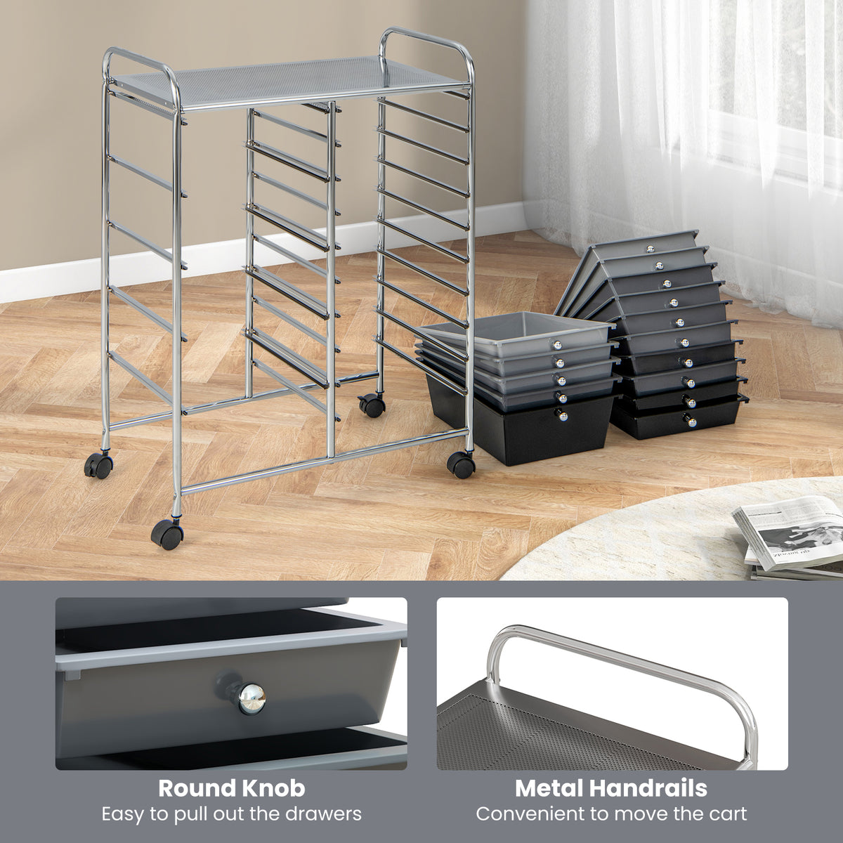 15-Drawer Rolling Storage Cart, Black & Gray