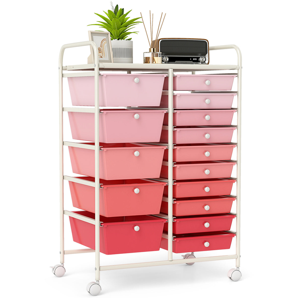 15-Drawer Utility Rolling Cart - Gradient Pink