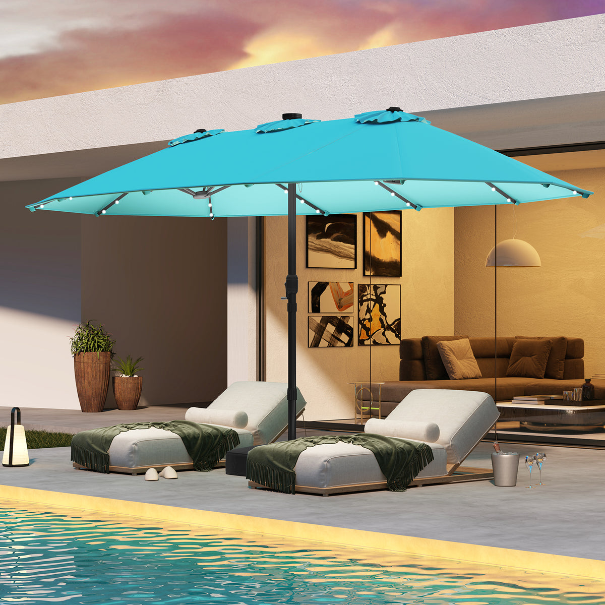 15 Feet Double-Sided Patio Umbrella with 48 LED Lights