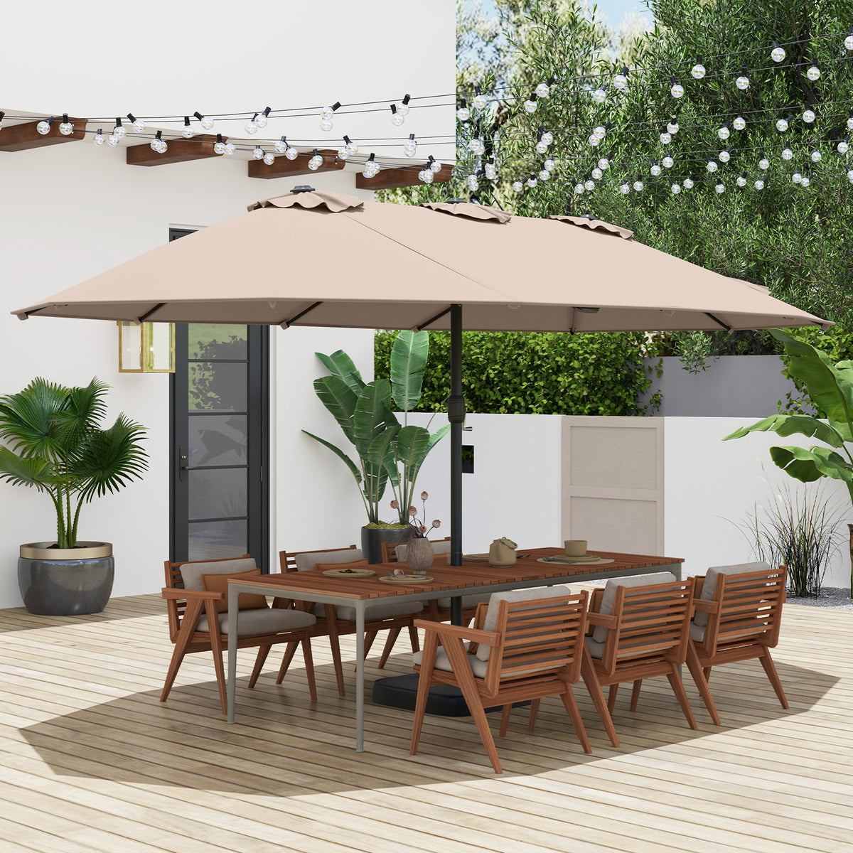 15 Feet Double-Sided Twin Patio Umbrella with Crank and Base
