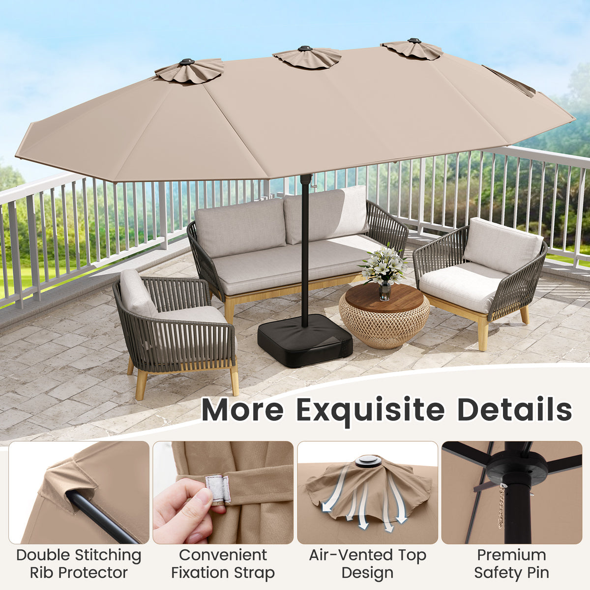 15 Feet Double-Sided Twin Patio Umbrella with Crank and Base